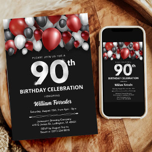 Black Red Silver & White 90th Birthday Invitation