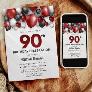 Black Red Silver & White 90th Birthday Invitation