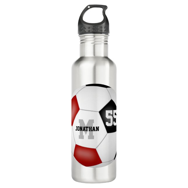 black red soccer ball boy girl name jersey number 710 ml water bottle (Front)