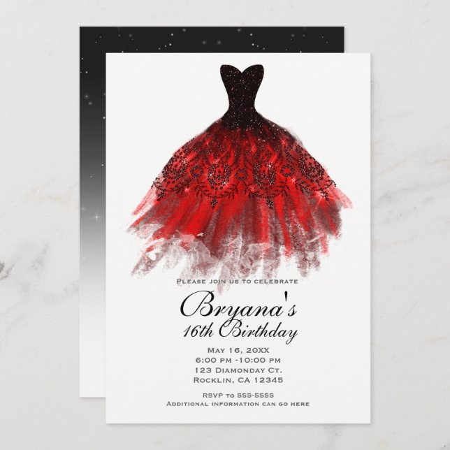 Black Red Sparkle Elegant Dress Birthday Party Invitation (Front/Back)