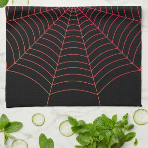 Black red spider web Halloween pattern Tea Towel