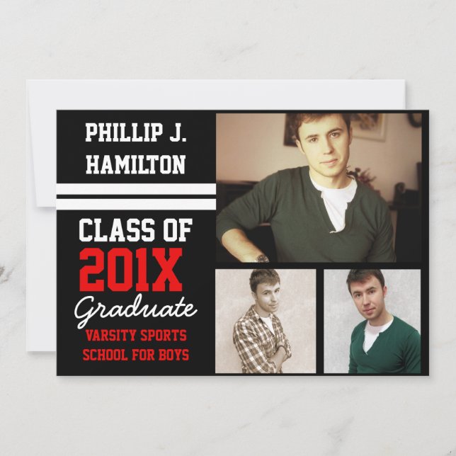 Black/Red Sporty Boys 3 Photo Graduation Invitation (Front)