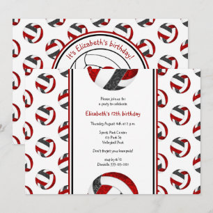 black red sporty girls volleyball birthday party invitation