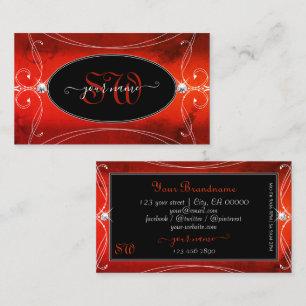Black Red Squiggled Ornate Sparkle Jewels Monogram Business Card