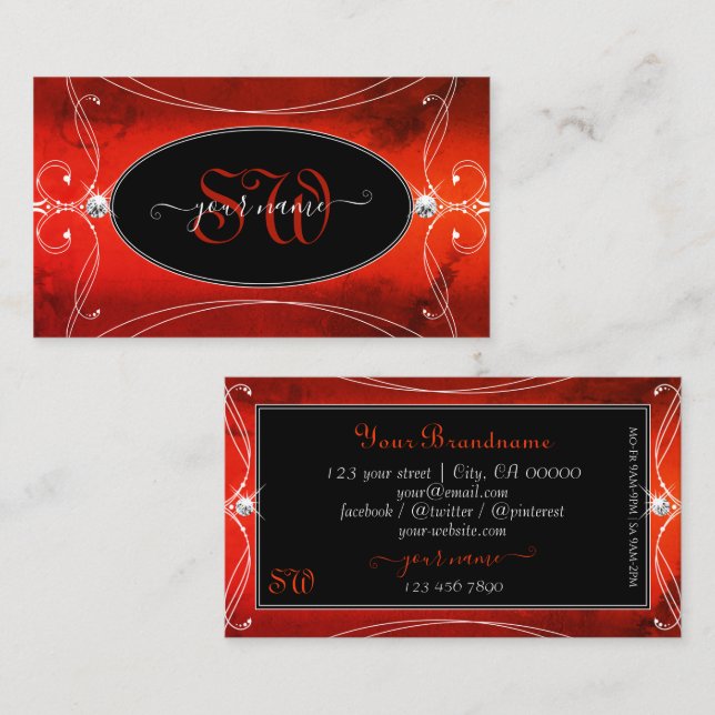 Black Red Squiggled Ornate Sparkle Jewels Monogram Business Card (Front/Back)