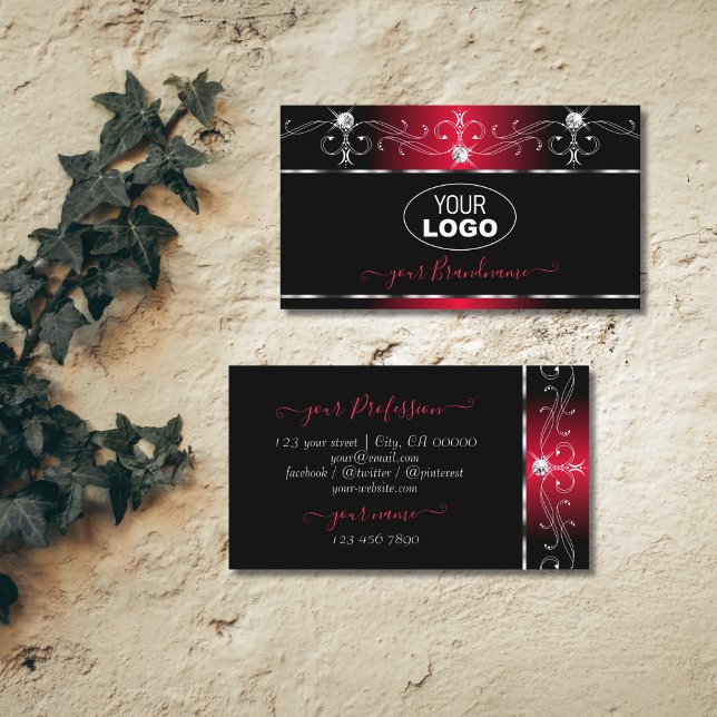Black Red Squiggles Sparkle Jewels Add Logo Ornate Business Card (Creator Uploaded)