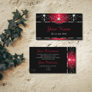 Black Red Squiggles Sparkle Jewels Monogram Ornate Business Card