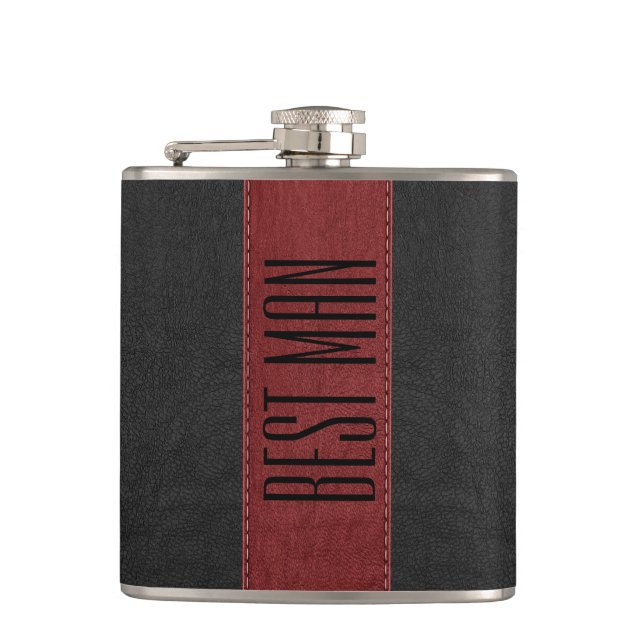 Black & Red Stitched Faux Leather Best Man Hip Flask (Front)