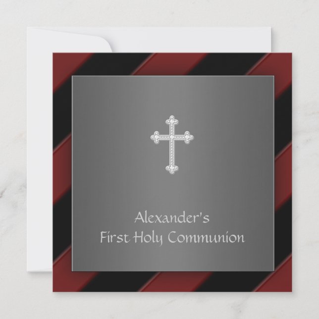 Black Red Stripe Boy First Communion Invitation (Front)