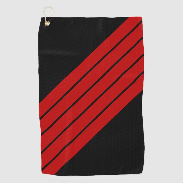 Black Red Striped 70s 80s Retro Racing Stripes Golf Towel (Front)