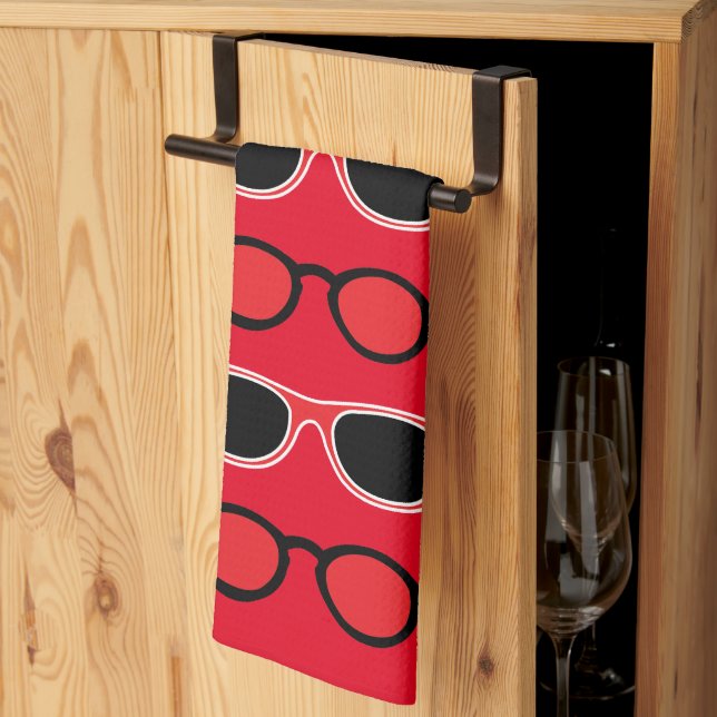 Black Red Sunglasses Pattern Tea Towel (Thirds Fold)