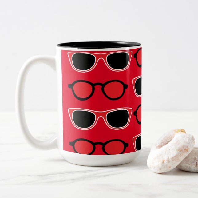 Black Red Sunglasses Pattern Two-Tone Coffee Mug (With Donut)