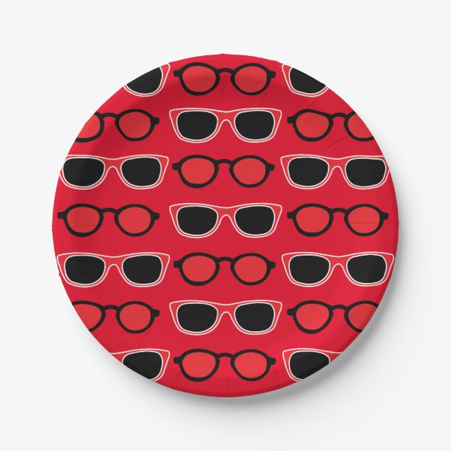 Black Red Sunglasses Summer Birthday Paper Plate (Front)