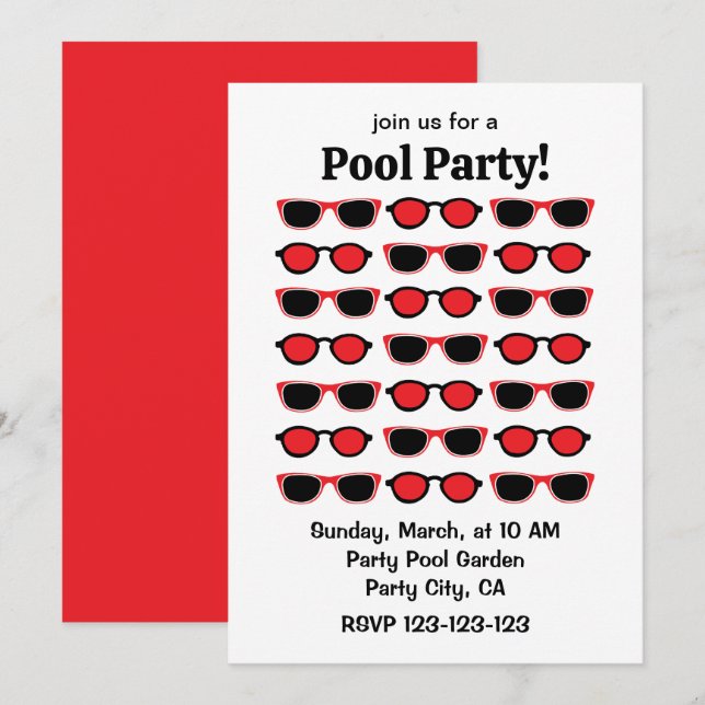 Black Red Sunglasses Summer Pool Party Invitation (Front/Back)