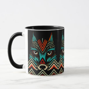 Black Red Teal Aztec Wolf Face Mug