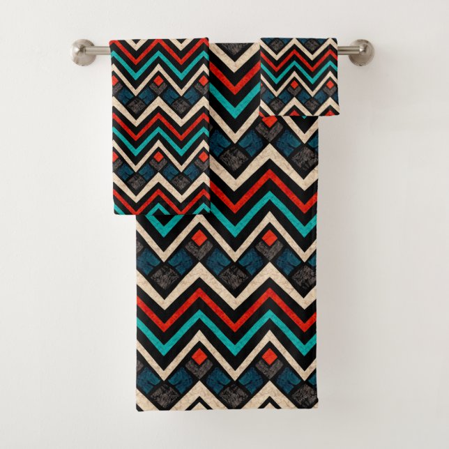Black Red Teal Beige Aztec Pattern Bath Towel Set (Insitu)
