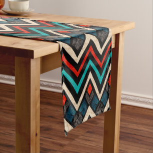 Black Red Teal Beige Aztec Pattern Short Table Runner