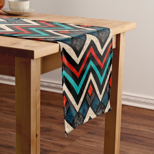 Black Red Teal Beige Aztec Pattern Short Table Runner (In Situ)