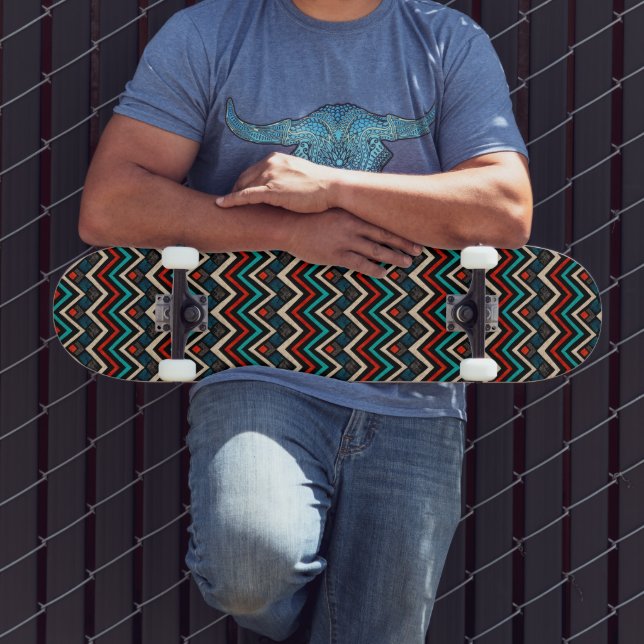 Black Red Teal Beige Aztec Pattern Skateboard (Outdoor 3)