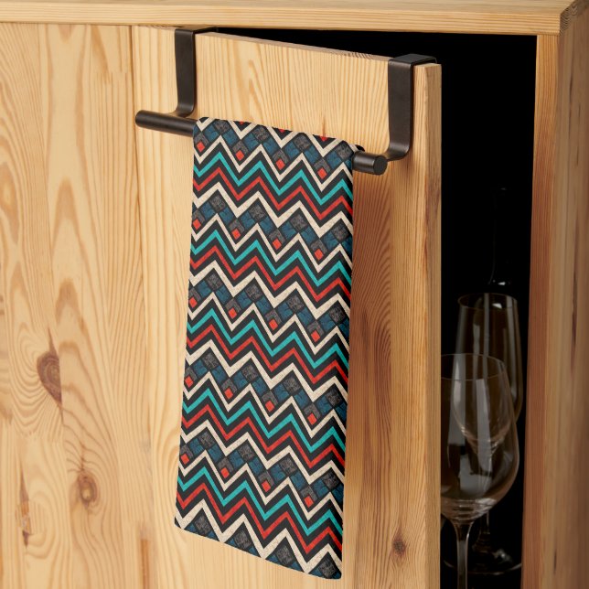Black Red Teal Beige Aztec Pattern Tea Towel (Thirds Fold)