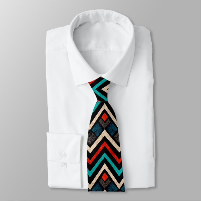 Black Red Teal Beige Aztec Pattern Tie (Tied)