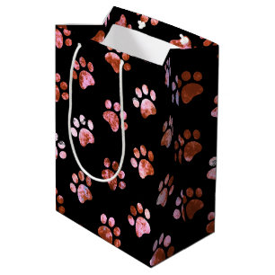 Black Red Textured Paw Print Pattern Medium Gift Bag