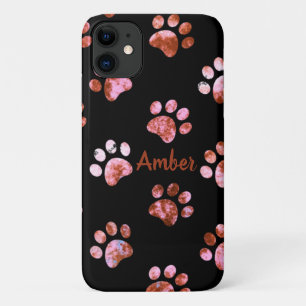 Black Red Textured Paw Print Pattern Personalised iPhone 11 Case