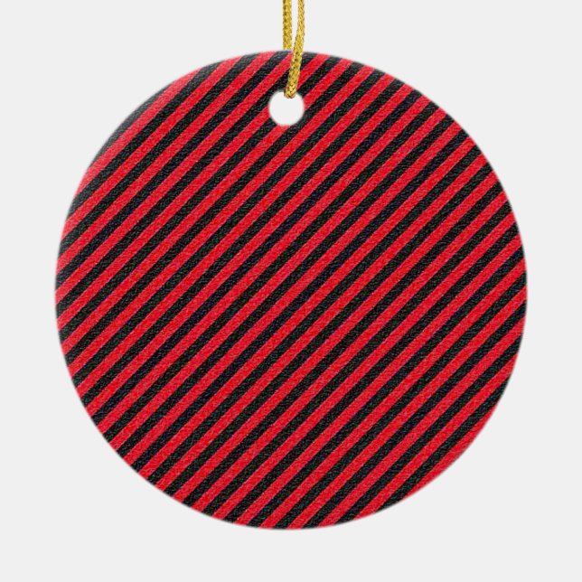Black Red Thin Diagonal Stripes Ceramic Ornament (Front)