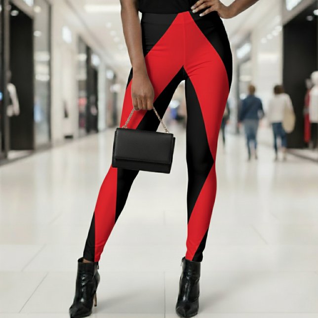Black & Red V Slanted Stripe Geometric Colour Bloc Leggings (Black & Red V Slanted Stripe Geometric Color Block Leggings)