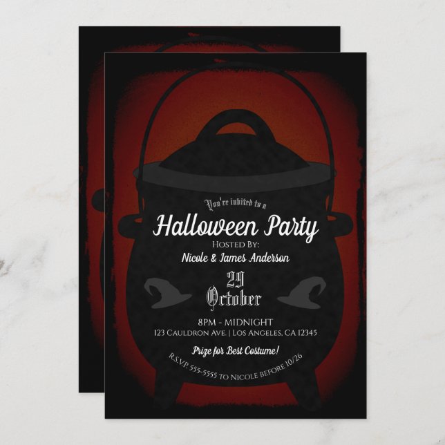 Black Red Vintage Witch Cauldron Halloween Party Invitation (Front/Back)