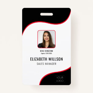 Black Red Wave Business Logo Photo Employee Name ID Badge