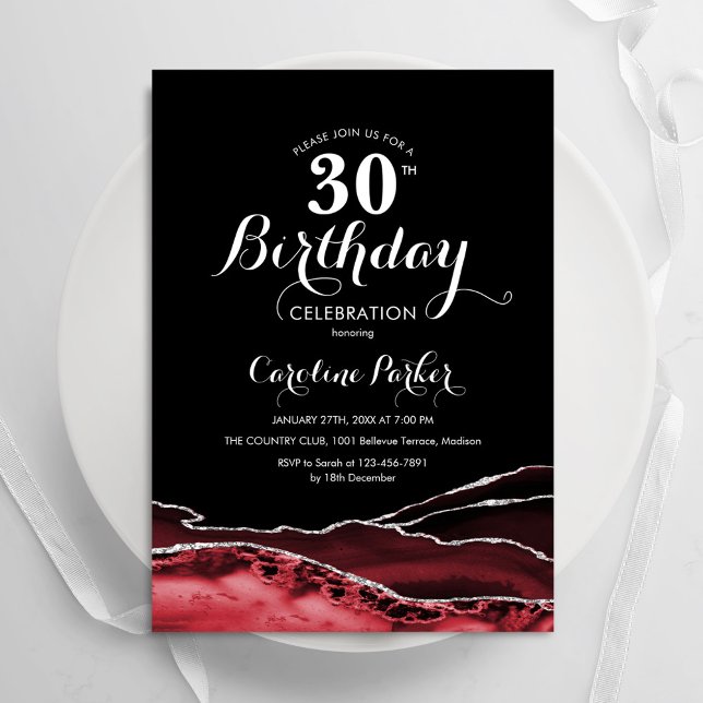 Black Red White Agate 30th Birthday Invitation (Creator Uploaded)