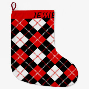 Black Red White Argyle Personalised Large Christmas Stocking