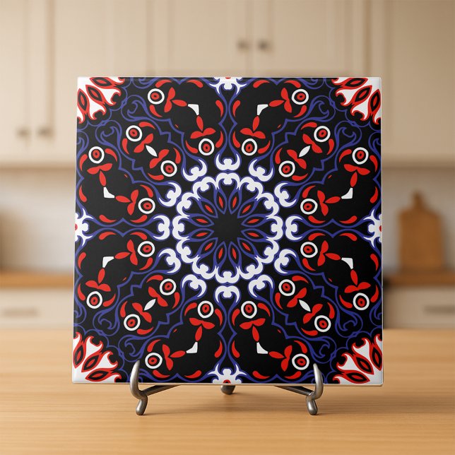 Black Red White Blue Ethnic Boho Mosaic Pattern Ceramic Tile (Creator Uploaded)