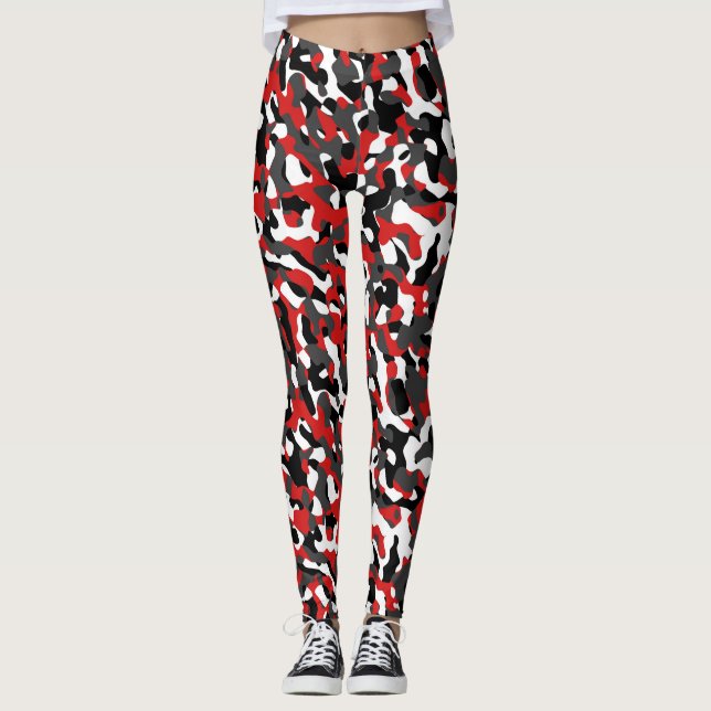 Black Red White Camouflage Print Pattern Leggings (Front)