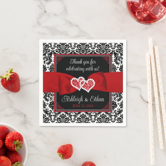 Black, Red, White Damask Love Hearts Wedding Napkin (Insitu)