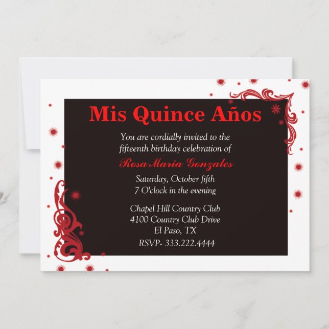 Black, Red, & White Festive Quinceañera Invitation (Front)