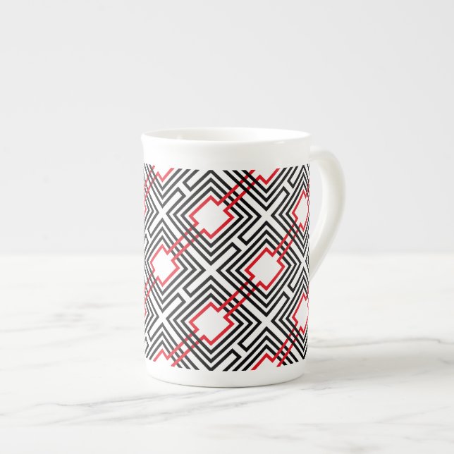 Black Red & White Geometric Bone China Mug (Front Right)