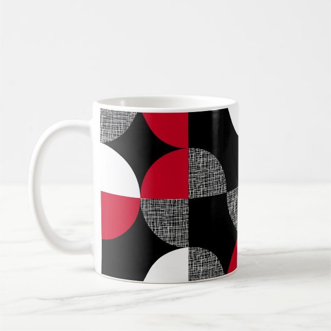 Black, red, white geometric plaid pattern. coffee mug (Left)