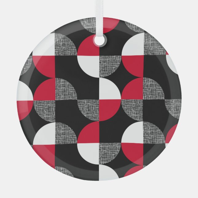 Black, red, white geometric plaid pattern. glass tree decoration (Front)