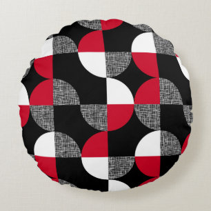Black, red, white geometric plaid pattern. round cushion