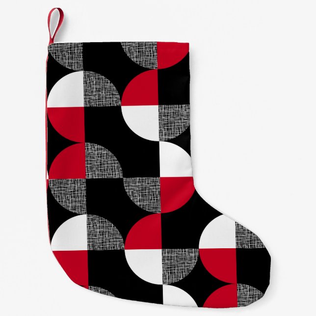 Black, red, white geometric plaid pattern. small christmas stocking (Front)