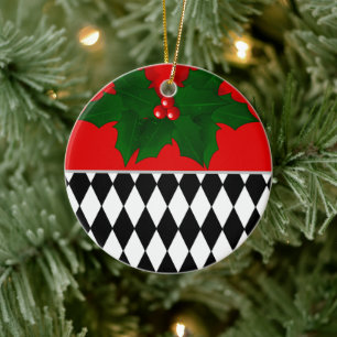 Black Red White Harlequin Pattern Christmas Ceramic Ornament