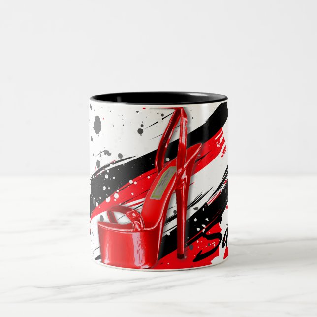Black, Red & White Hot High Heels Two-Tone Coffee Mug (Center)