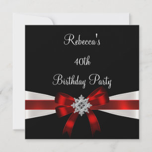Black Red White Jewel Bow 40th Elegant Birthday Invitation