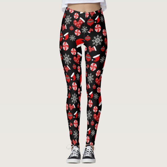 Black Red White Merry Christmas Leggings  (Front)