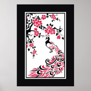 Black, red, white peacock and cherry blossoms poster