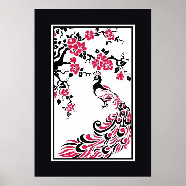 Black, red, white peacock and cherry blossoms poster (Front)