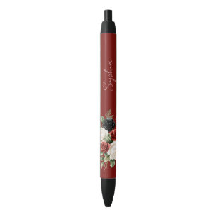 Black Red White Roses Floral Ink Pen