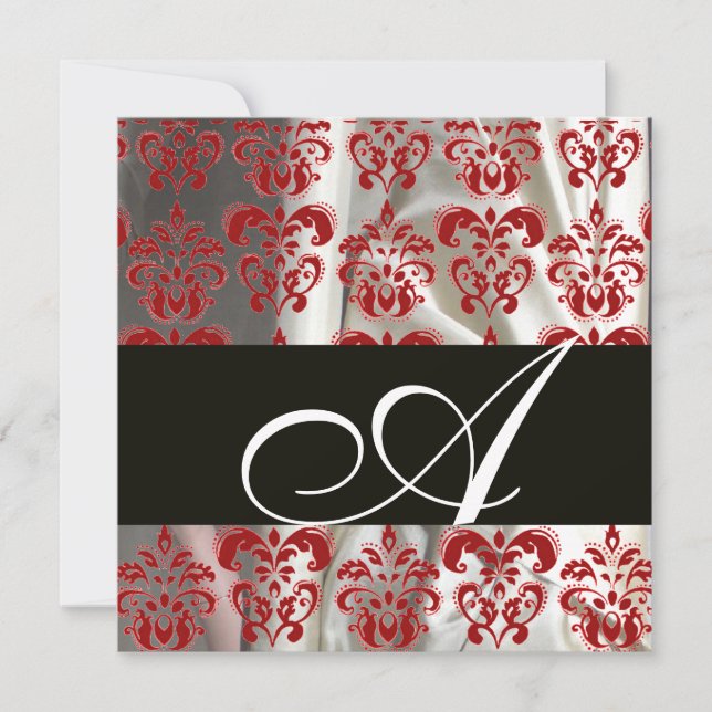 BLACK RED WHITE SILK DAMASK CLOTH MONOGRAM INVITATION (Front)